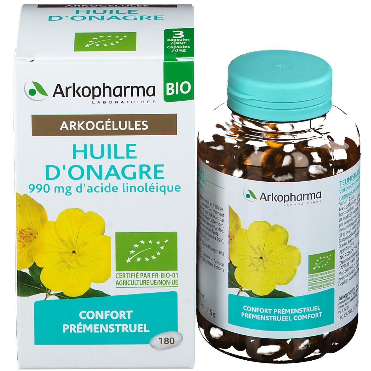 Produktverpackung mit Flasche und Schachtel. Schachtel mit Produktnamen, Logo und Zertifizierung.