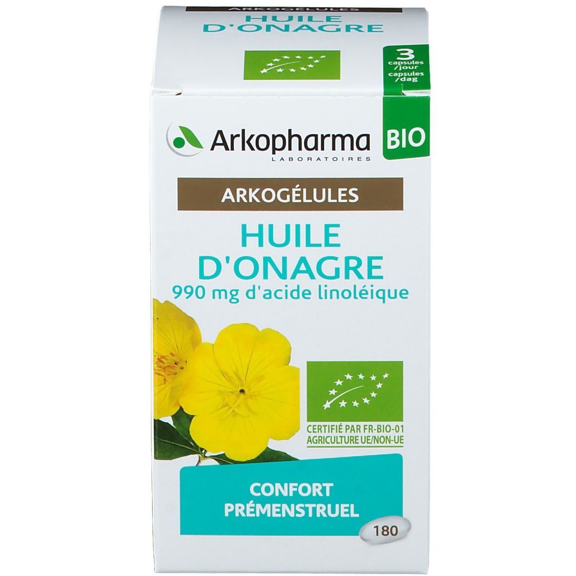 Produktverpackung, weiße Schachtel mit Produktnamen, Logo und Zertifizierung.