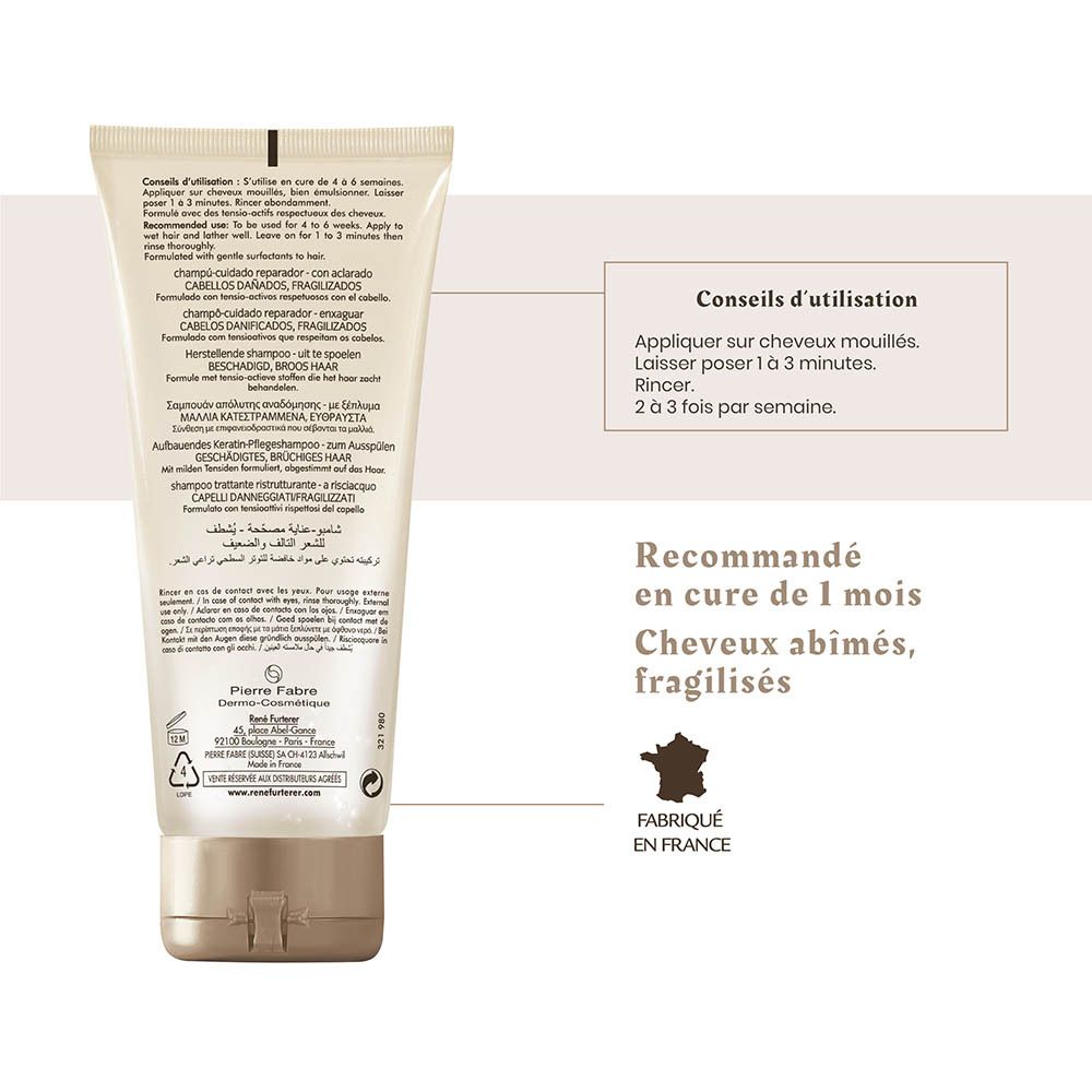 Flasche mit Pierre Fabre Shampoo, 200ml. Mit Anwendungshinweisen und Herkunftsangabe.