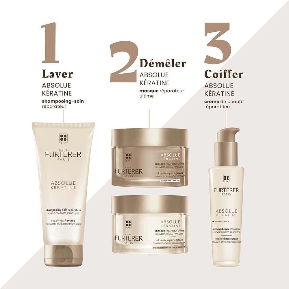 René Furterer Absolue Kératine Serie: Shampoo, Maske und Creme für geschädigtes Haar.