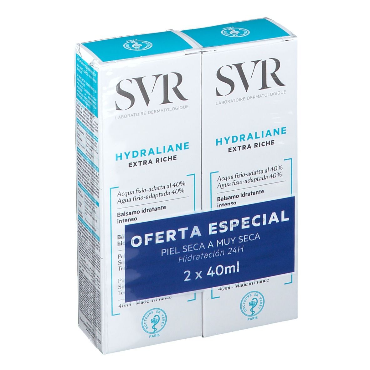Duopack SVR Hydraliane Extra Riche. Emballage bleu et blanc. Texte: Offre Spéciale, Peaux sèches à très sèches, 2 x 40ml.