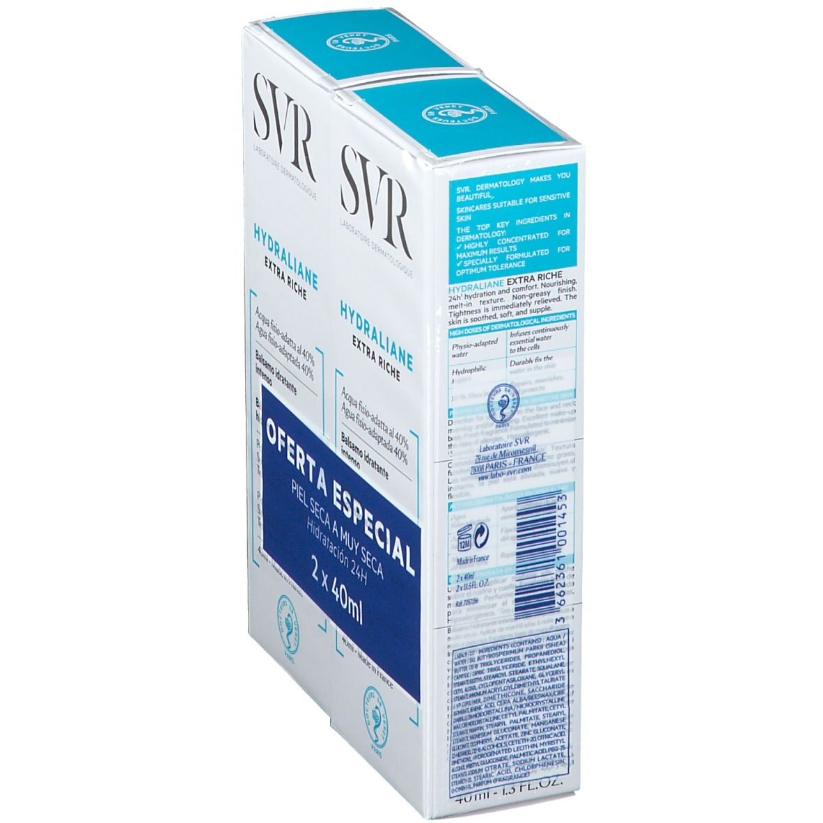 Vue latérale du duopack SVR Hydraliane Extra Riche. Emballage bleu et blanc. Texte sur le côté. Détails de la composition.