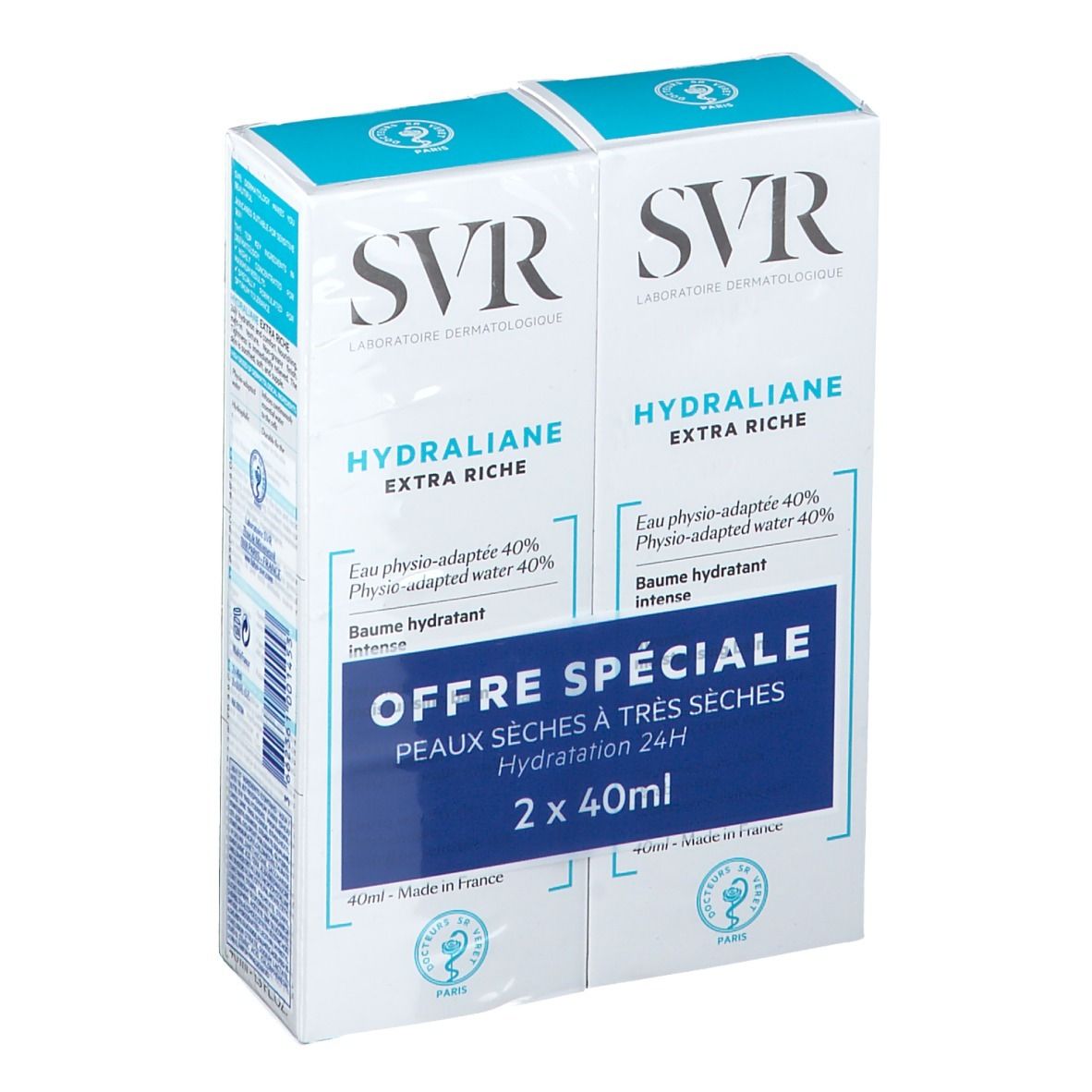 Duopack SVR Hydraliane Extra Riche. Emballage bleu et blanc. Texte: Offre Spéciale, Peaux sèches à très sèches, 2 x 40ml.