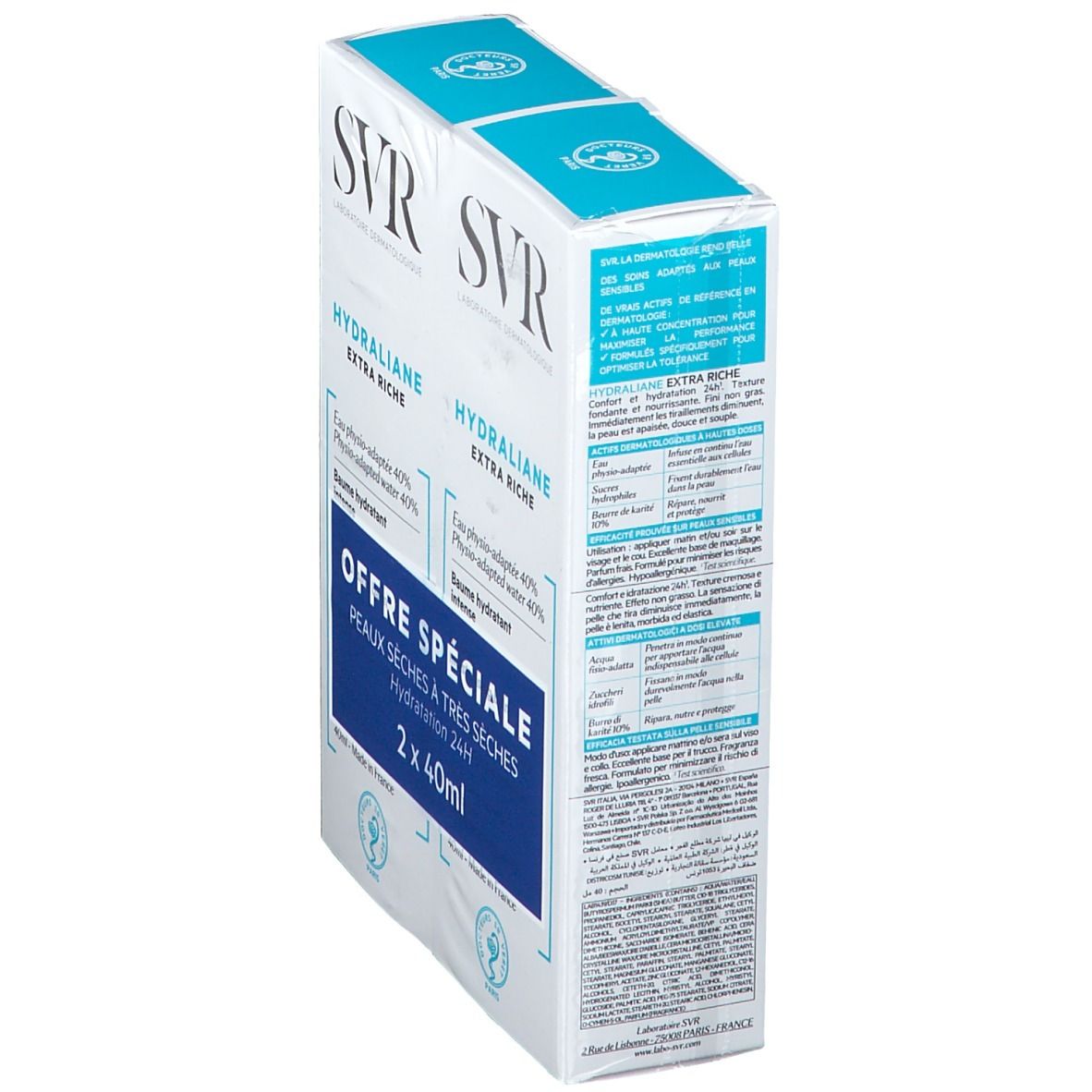 Vue latérale du duopack SVR Hydraliane Extra Riche. Emballage bleu et blanc. Texte sur le côté. Détails de la composition.