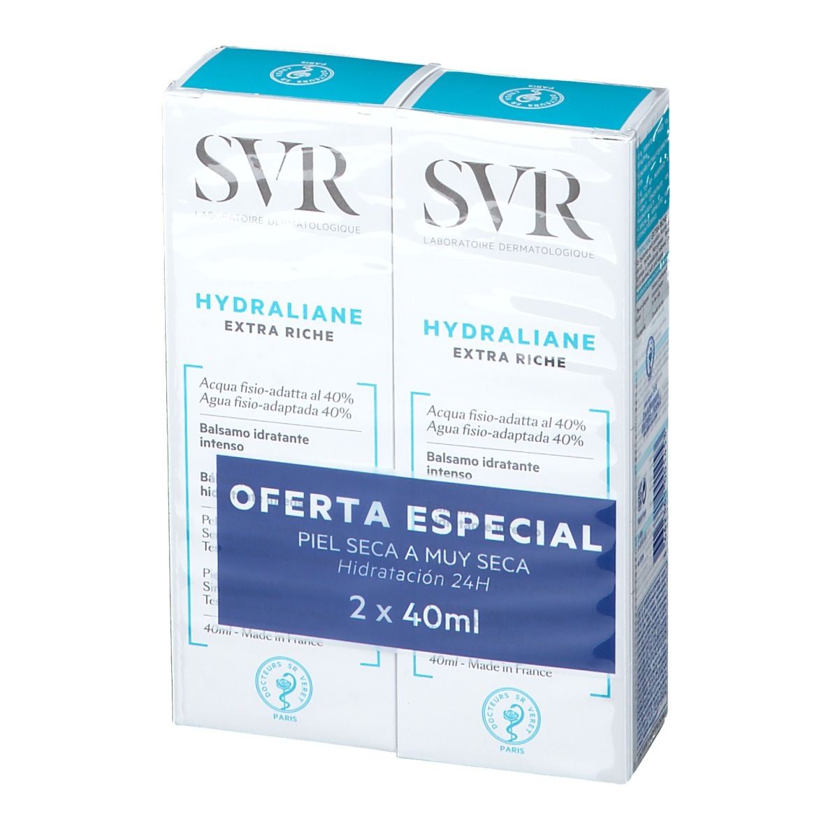 Duopack SVR Hydraliane Extra Riche. Emballage bleu et blanc. Texte: Oferta Especial, Piel seca a muy seca, 2 x 40ml.