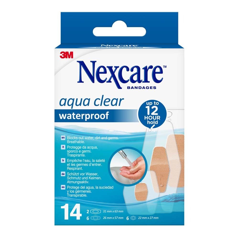 Nexcare aqua clear waterproof Pflasterpackung. 14 Stück. 2x 31x63mm, 6x 26x57mm, 6x 22x27mm. 3M Logo.