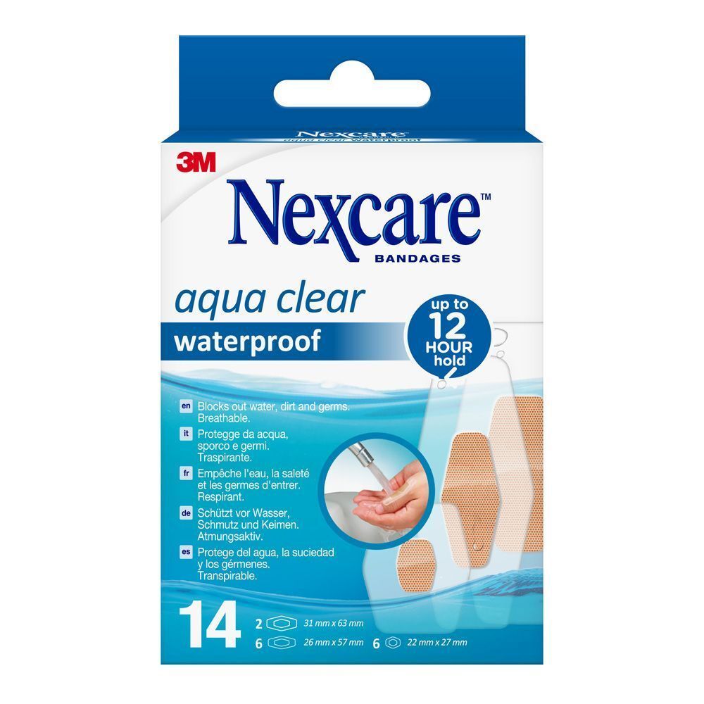 Boîte de pansements Nexcare aqua clear waterproof. 14 pièces, jusqu'à 12 heures de tenue.