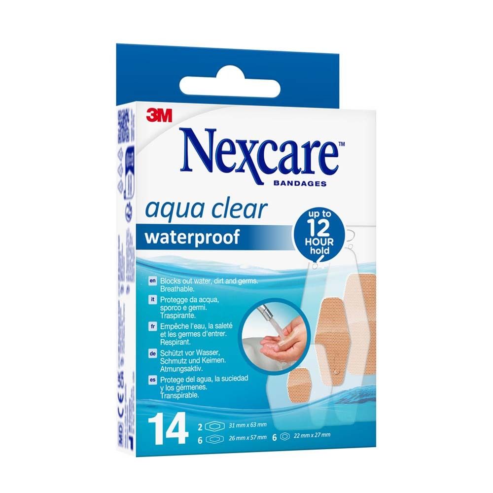 Nexcare aqua clear waterproof Pflasterpackung. 14 Stück. 2x 31x63mm, 6x 26x57mm, 6x 22x27mm. 3M Logo.