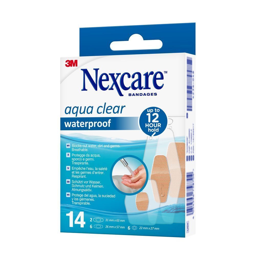 Boîte de pansements Nexcare aqua clear waterproof. 14 pièces, jusqu'à 12 heures de tenue.