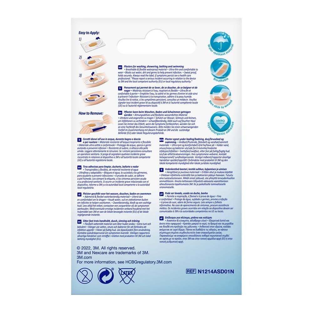 Einzelnes Nexcare aqua clear waterproof Pflaster. Transparent, rechteckig mit abgerundeten Ecken.