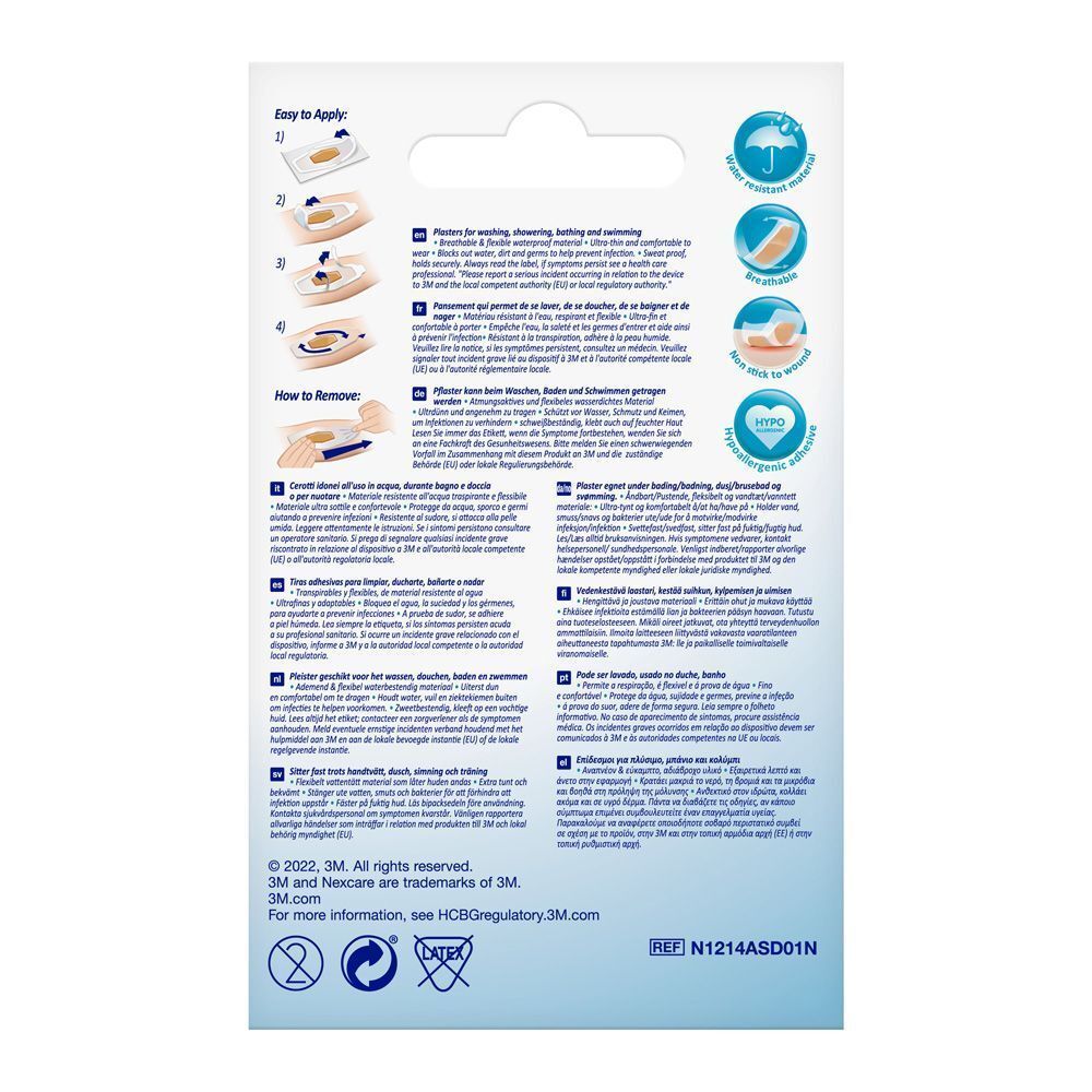 Dos de l'emballage des pansements Nexcare aqua clear waterproof. Instructions.