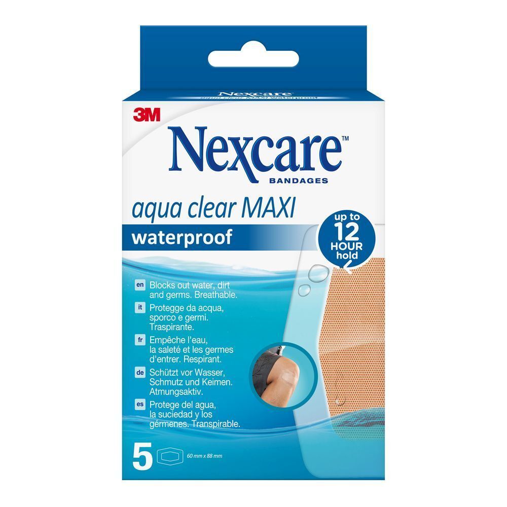 Boîte de pansements Nexcare aqua clear MAXI. 5 pièces. Imperméable.