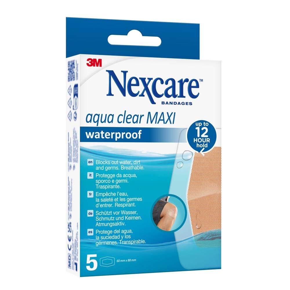 Nexcare aqua clear MAXI Pflasterbox. 5 Stück. Wasserdicht. Aufdruck mit Produktnamen und Eigenschaften.