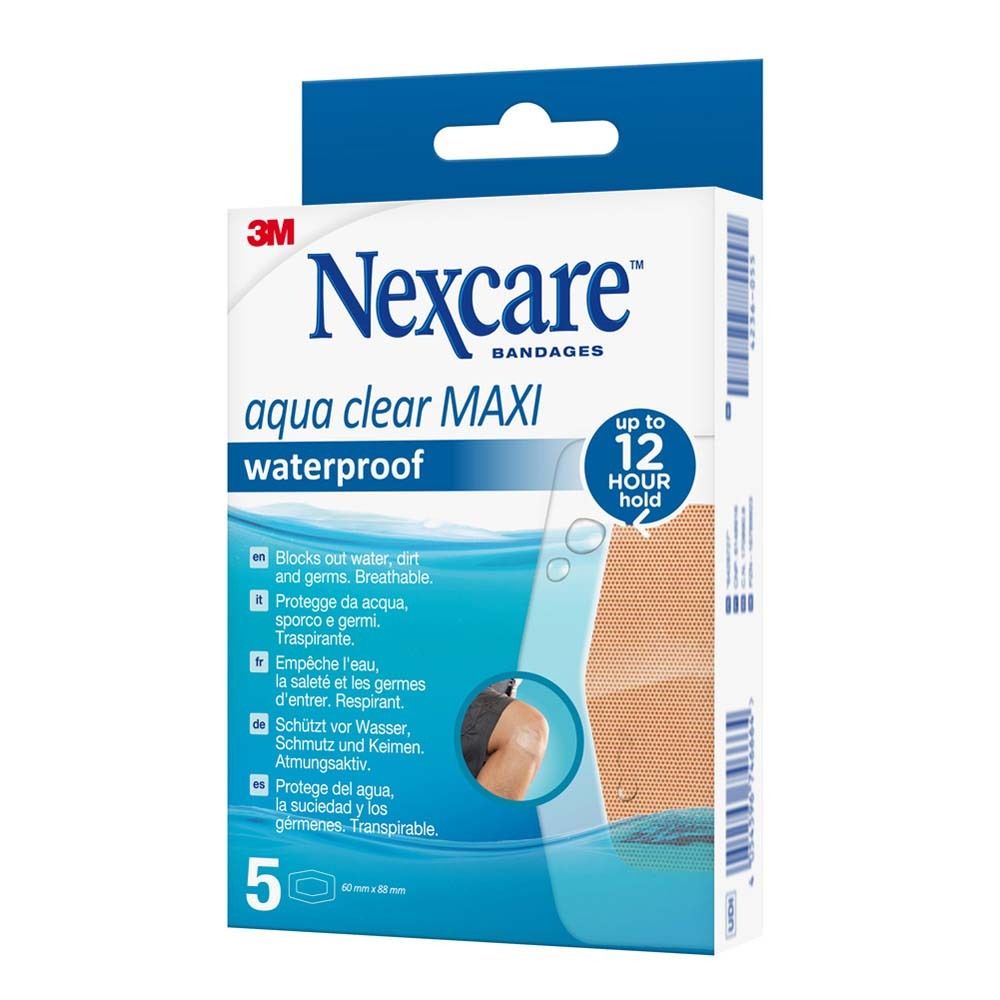 Nexcare aqua clear MAXI Pflasterbox. 5 Stück. Wasserdicht. Aufdruck mit Produktnamen und Eigenschaften.