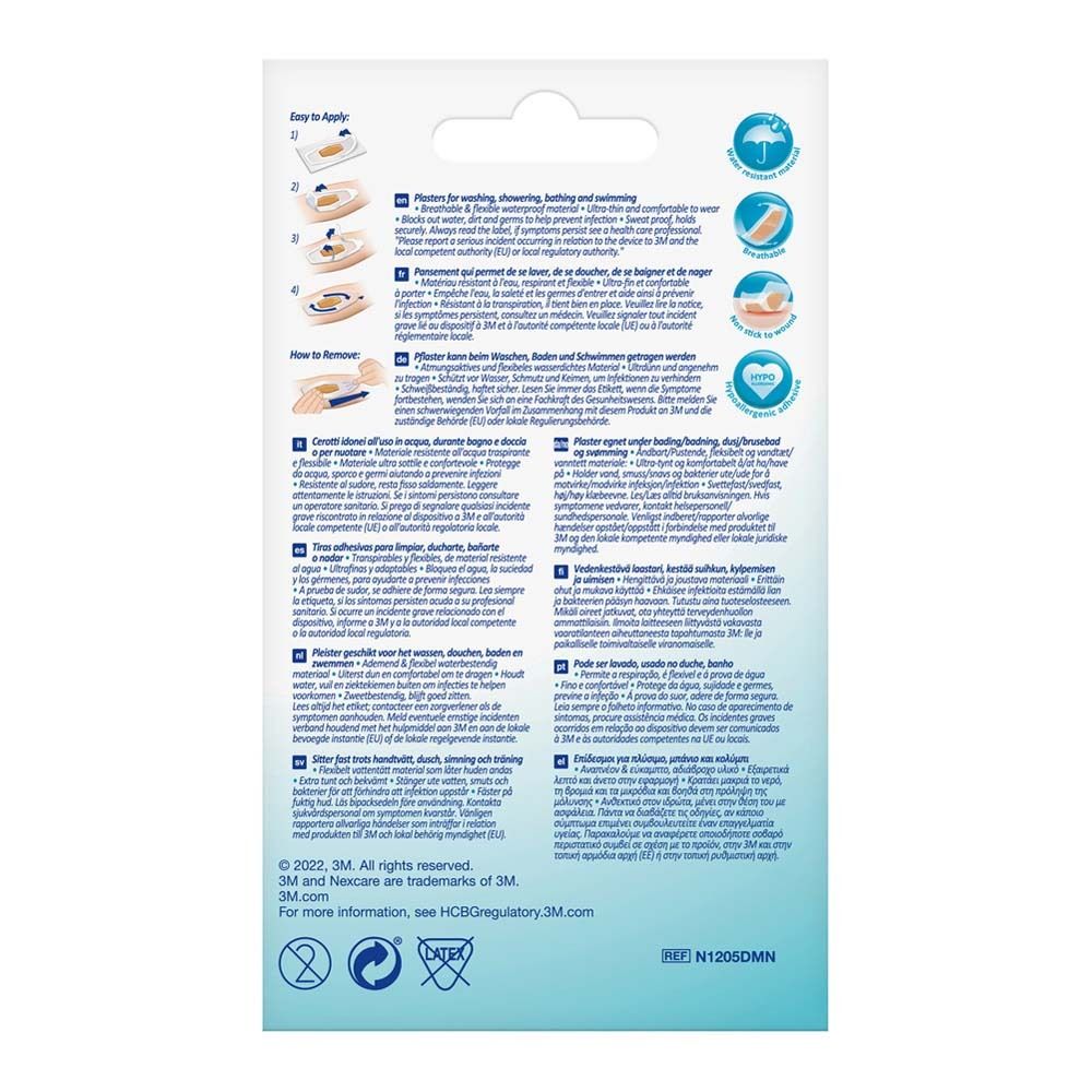 Rückseite der Nexcare aqua clear MAXI Pflasterbox. Informationen zur Anwendung und Inhaltsstoffe.