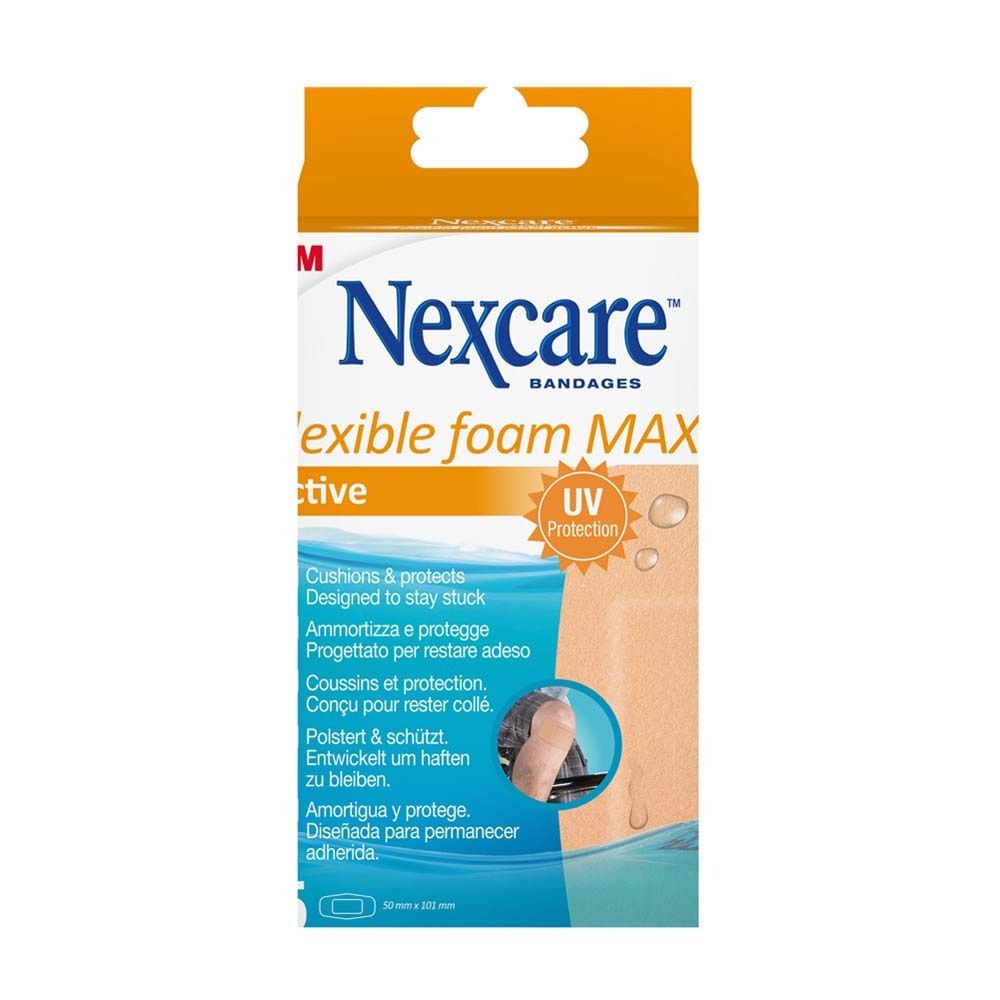 Verpackung mit Nexcare flexiblem Schaumverband MAXI. Enthält 5 Pflaster. Orange-weißes Design.