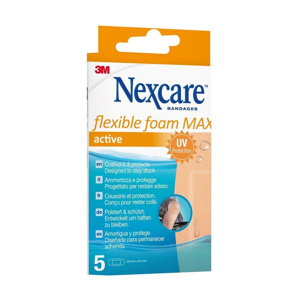 Boîte de Nexcare flexible foam MAXI. Contient 5 pansements. Emballage orange avec nom et logo du produit.