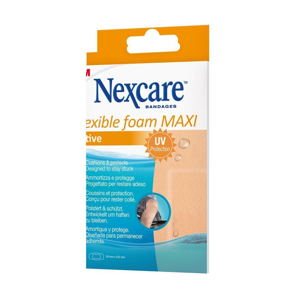 Boîte de Nexcare flexible foam MAXI. Contient 5 pansements. Emballage orange avec nom et logo du produit.