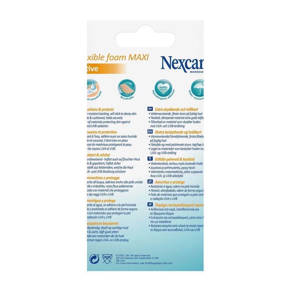 Dos de l'emballage Nexcare flexible foam MAXI. Informations sur le produit et logos visibles.