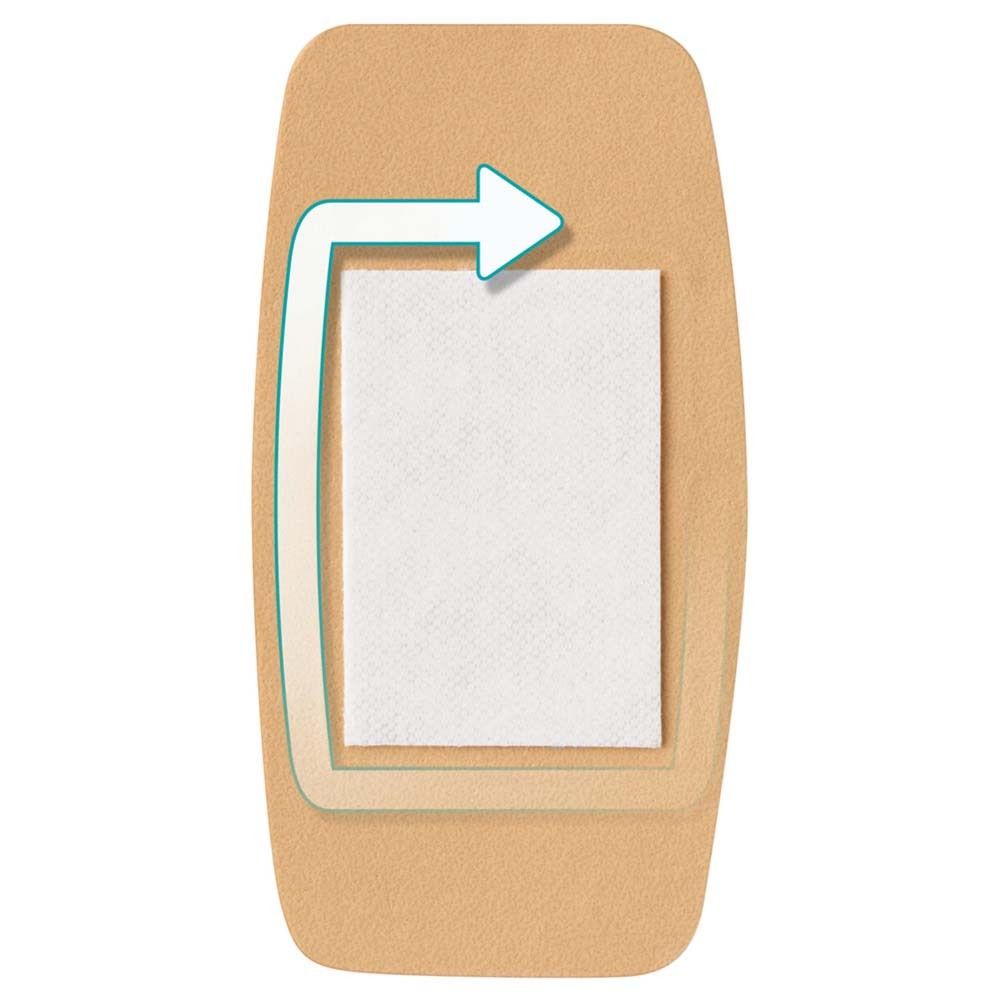 Verpackung mit Nexcare flexiblem Schaumverband MAXI. Enthält 5 Pflaster. Orange-weißes Design.