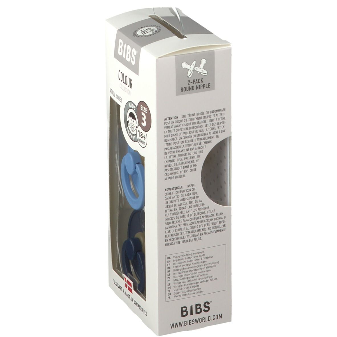 Emballage de sucettes BIBS® COLOUR. Vue latérale. Texte: 2-Pack, Natural Rubber, Designed & Made in Denmark/EU.