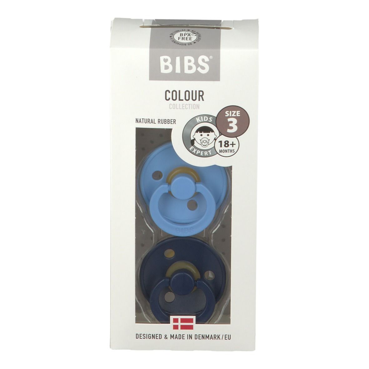 BIBS® COLOUR, deux sucettes dans un emballage. Bleu et bleu foncé. Taille 3, pour enfants de +18 mois.