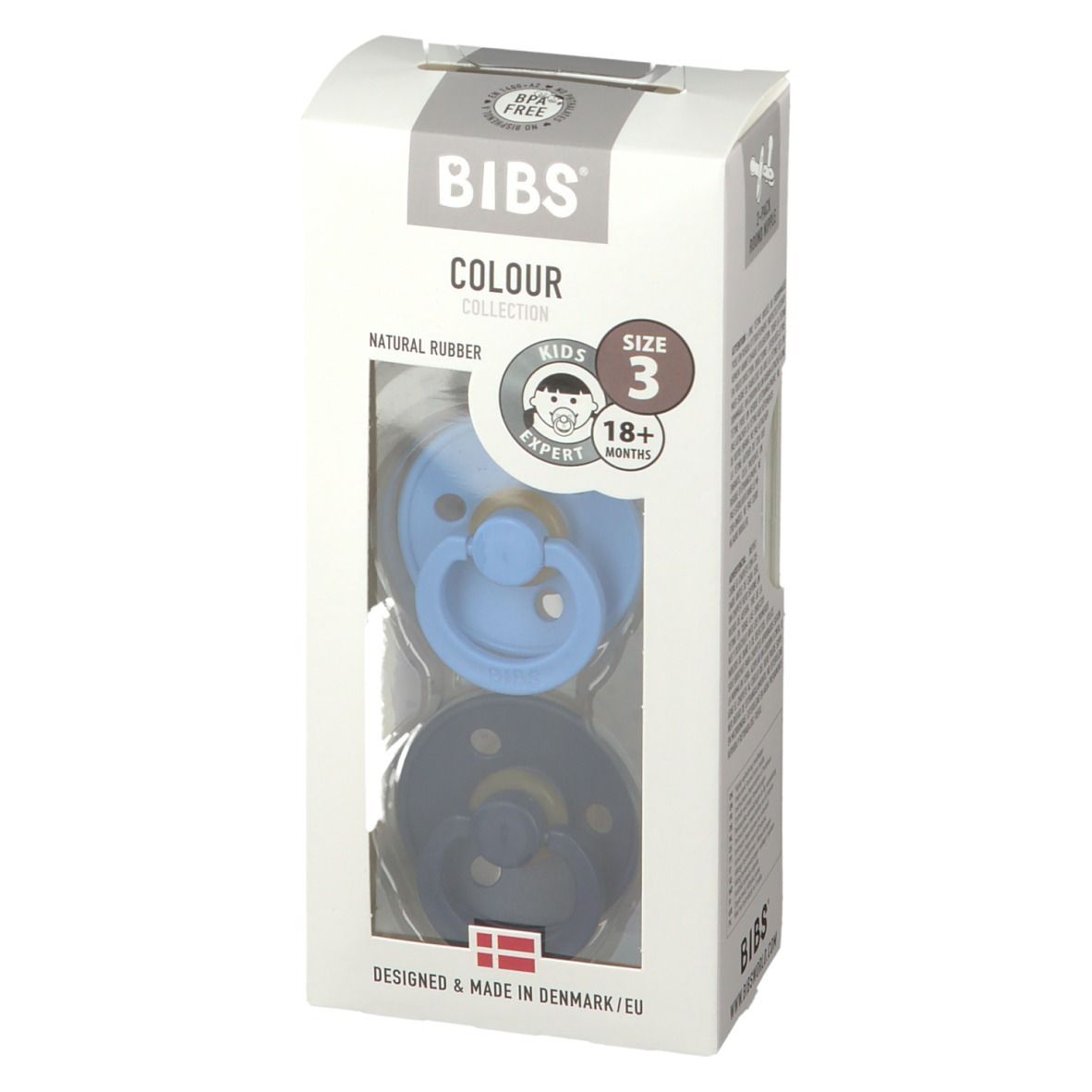 BIBS® COLOUR, deux sucettes dans un emballage. Bleu et bleu foncé. Taille 3, pour enfants de +18 mois.
