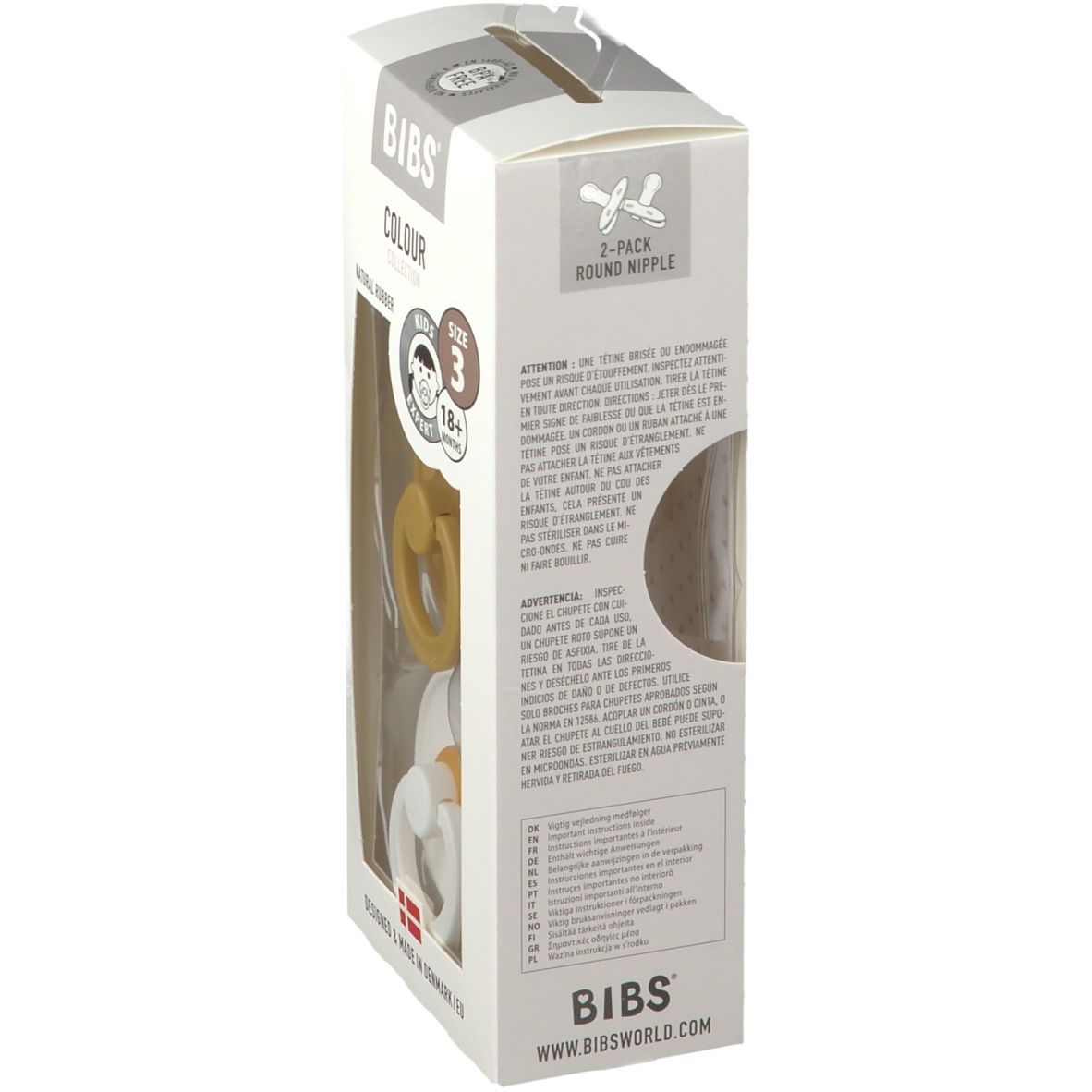 BIBS-Verpackung, Ansicht von der Seite. Enthält 2 Schnuller, Senf und Weiß. Informationen über Material, Größe und Zertifizierungen.