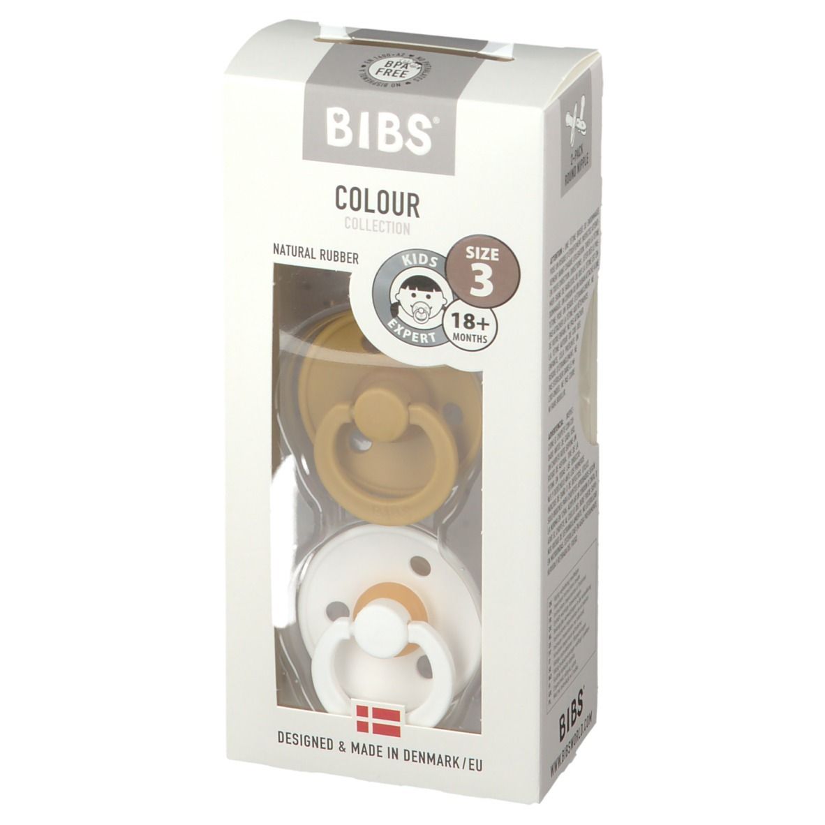 BIBS Schnuller, Senf und Weiß, 2er-Packung, Größe 3 (18+ Monate), in Verpackung. Naturgummi, BPA-frei.