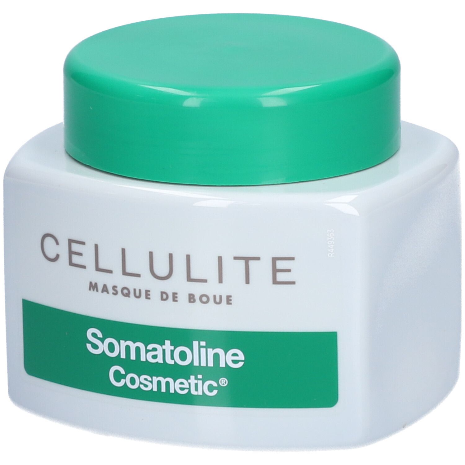 Weißer Tiegel mit grünem Deckel. Aufschrift CELLULITE MASQUE DE BOUE und Somatoline Cosmetic® auf grünem Feld.