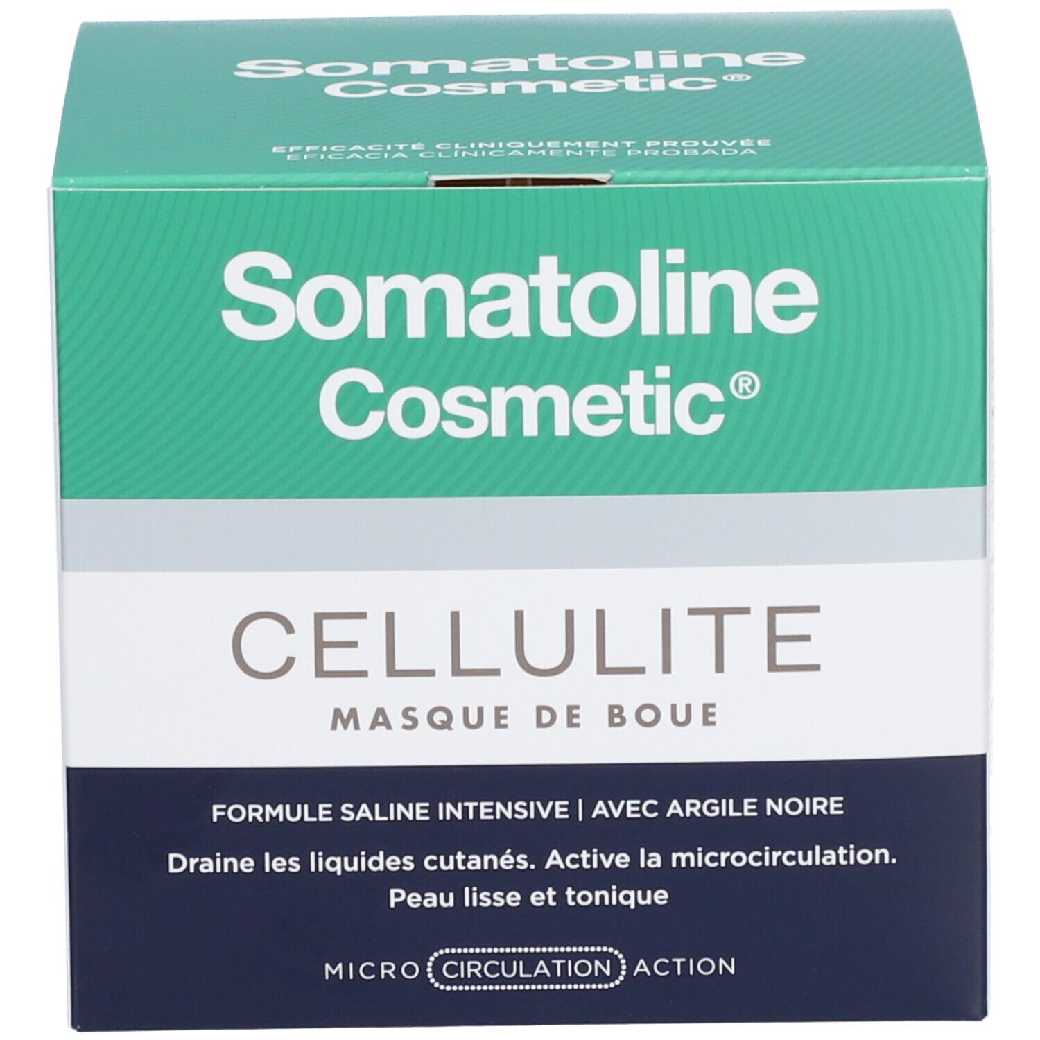 Weißer Tiegel mit grünem Deckel. Aufschrift CELLULITE MASQUE DE BOUE und Somatoline Cosmetic® auf grünem Feld.