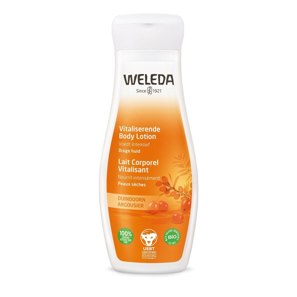 Weleda-Körperlotion-Flasche. Weißer Deckel, orangefarbener Etikett mit Produktnamen und Logo. Bio-Zertifizierung.
