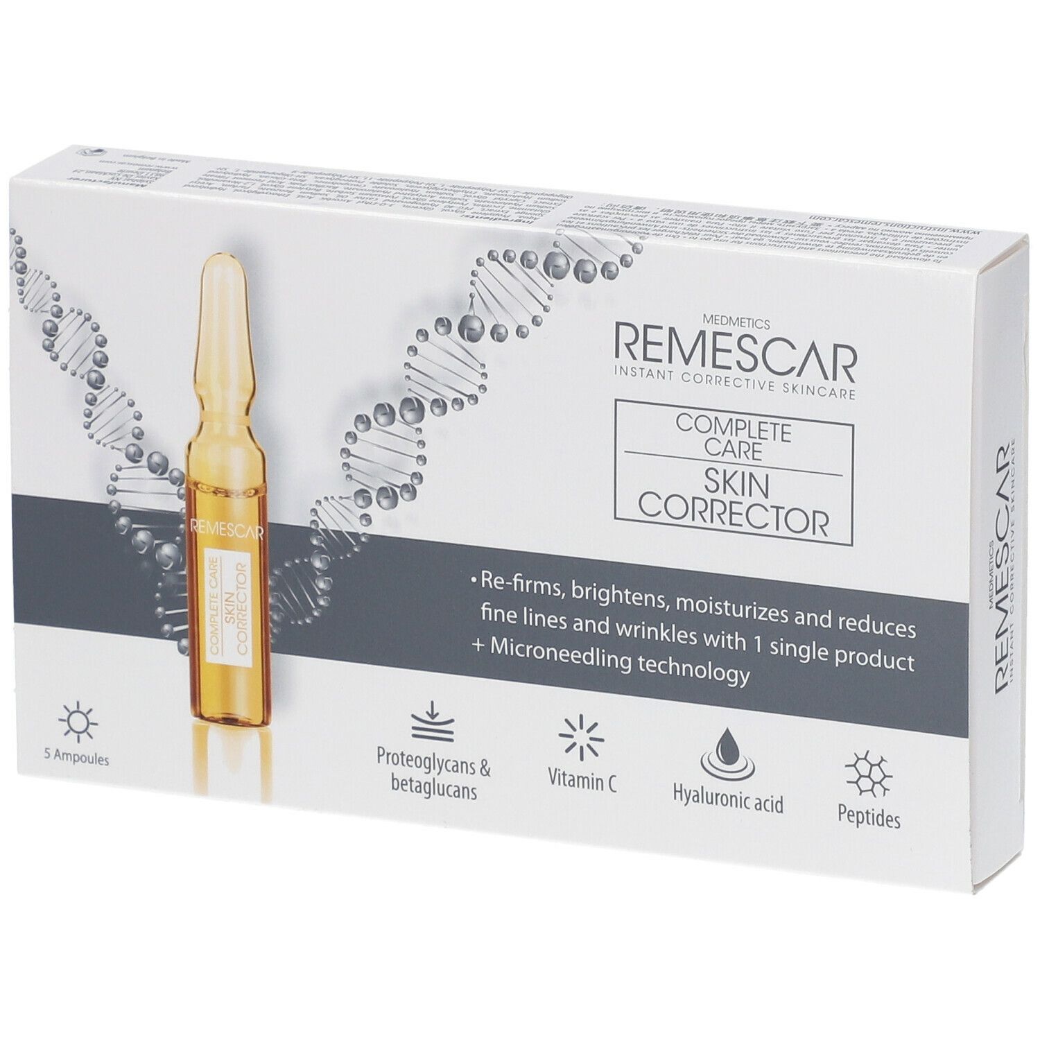 Boîte de Remescar Complete Care Skin Corrector avec ampoule. Contient 5 ampoules.