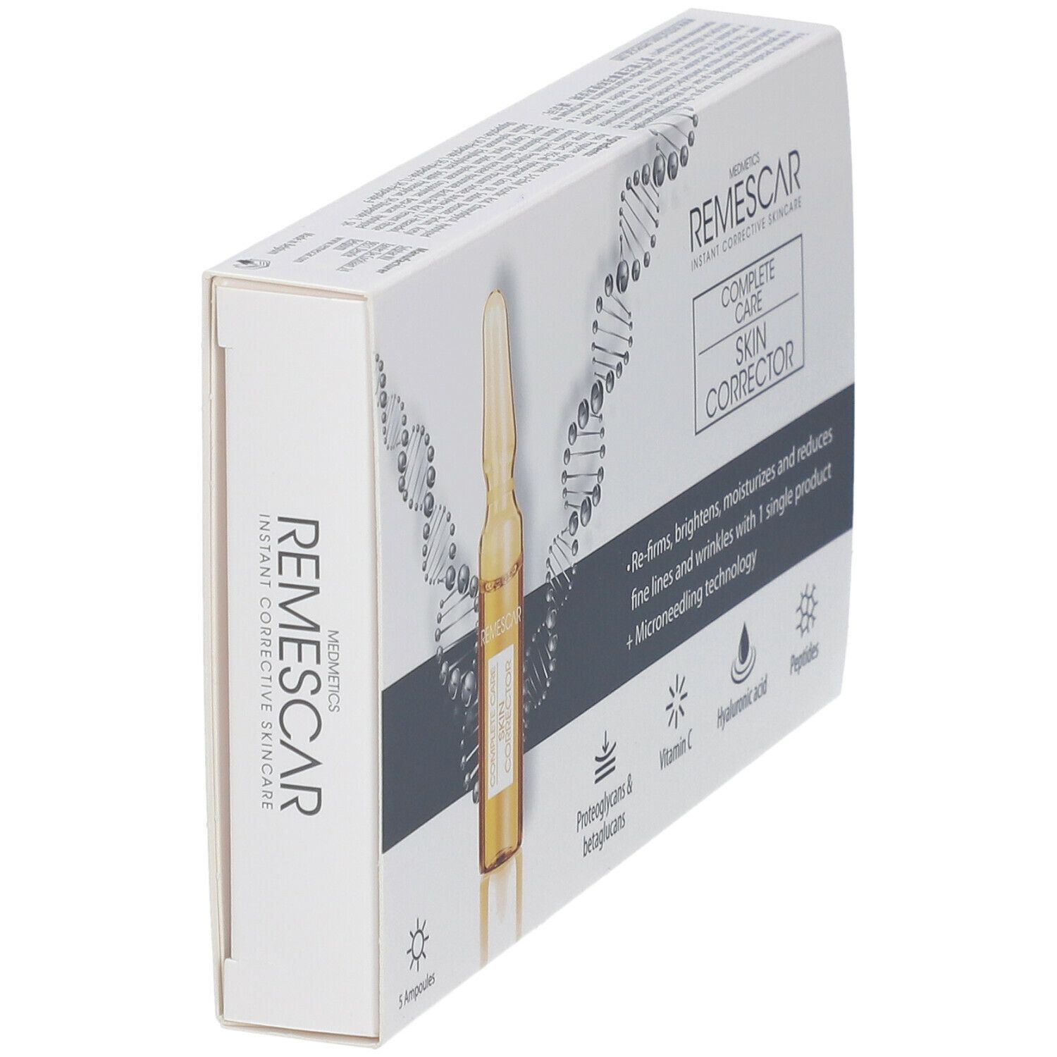 Vue en biais de la boîte de Remescar Complete Care Skin Corrector avec ampoule.