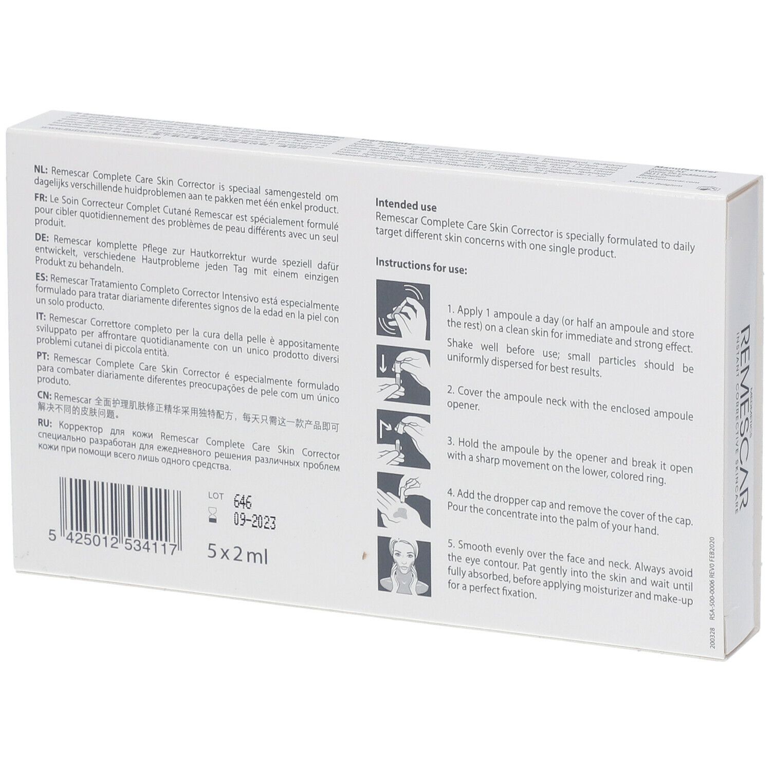 Dos de la boîte de Remescar Complete Care Skin Corrector. Contient des instructions.