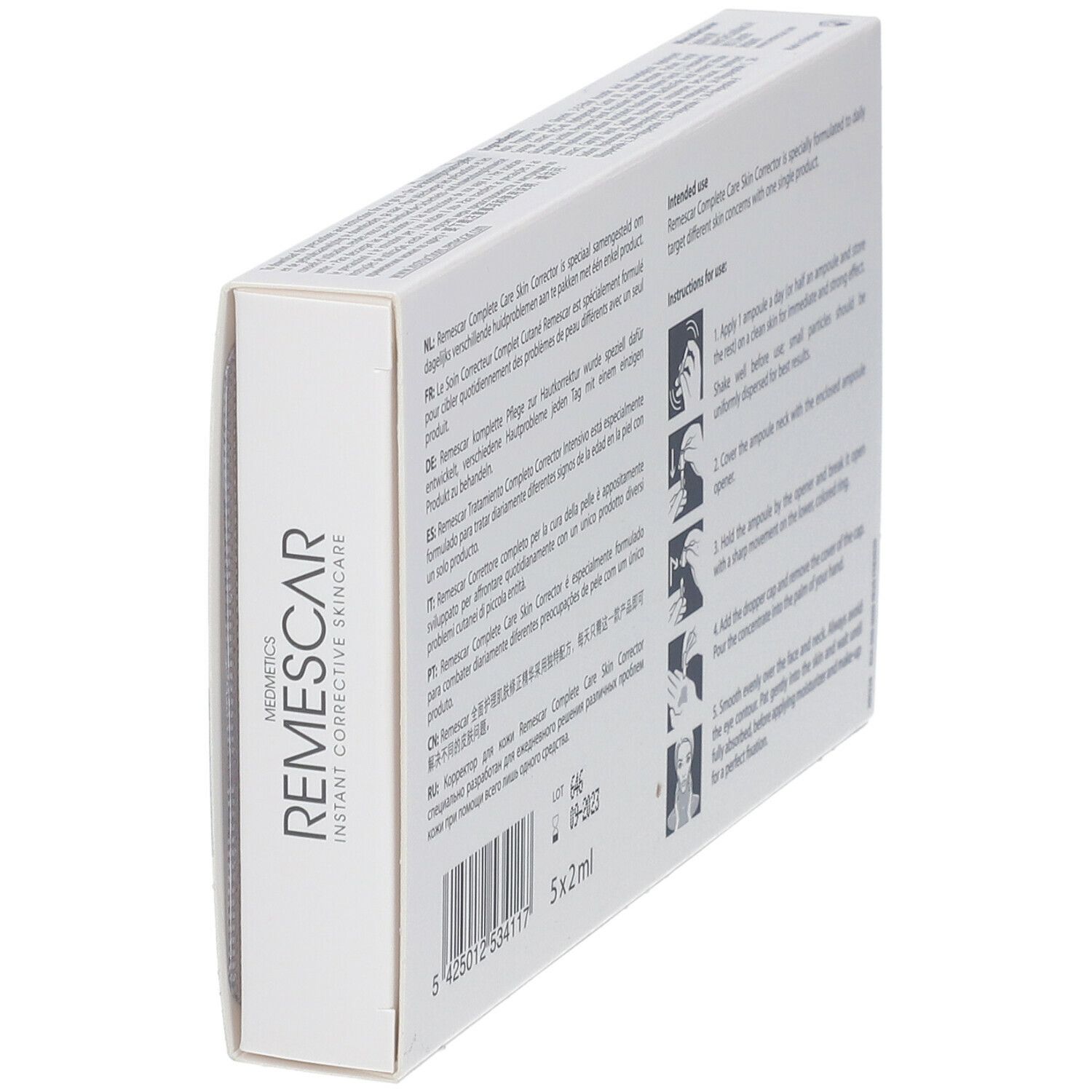 Vue en biais du dos de la boîte de Remescar Complete Care Skin Corrector.