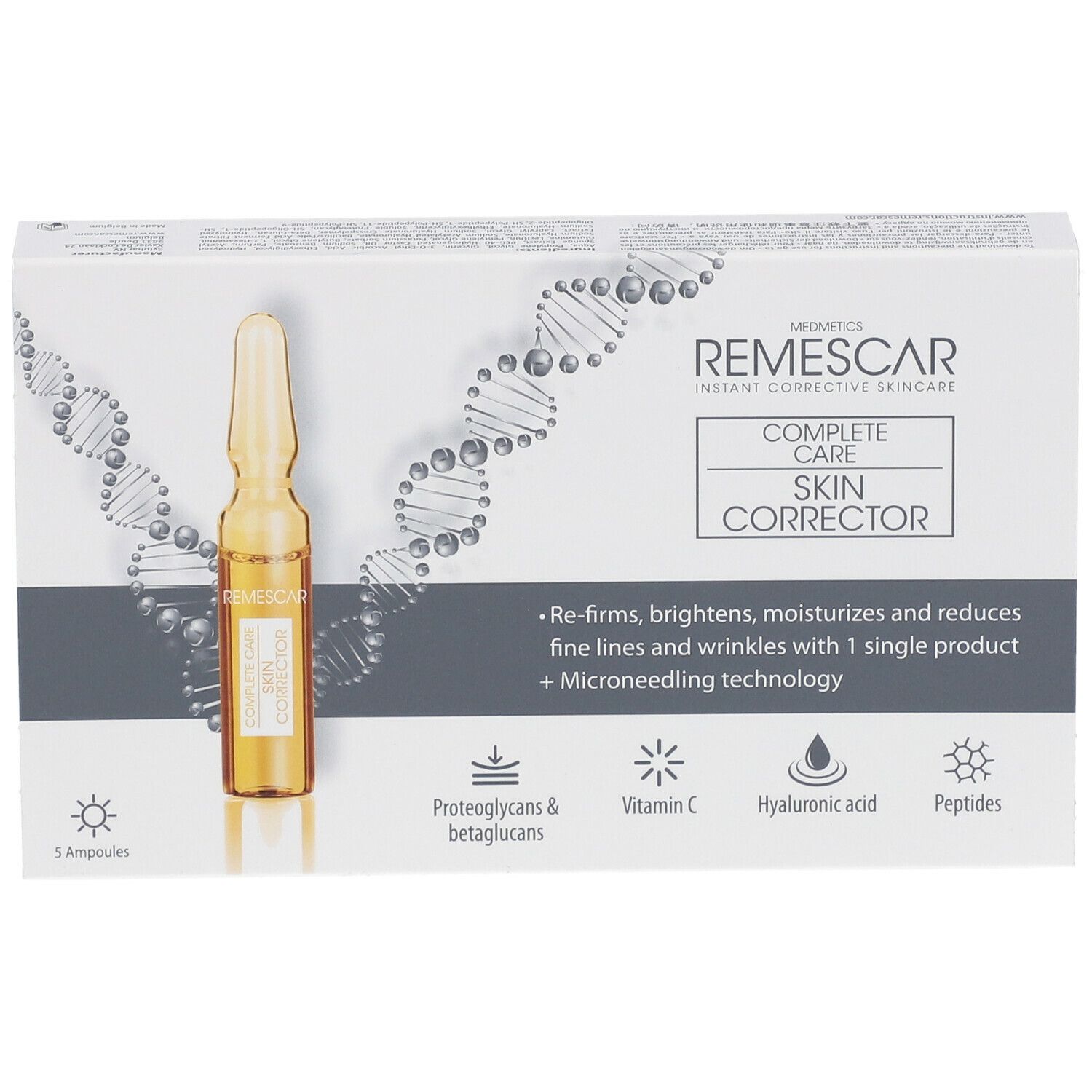 Boîte de Remescar Complete Care Skin Corrector avec ampoule. Contient 5 ampoules.