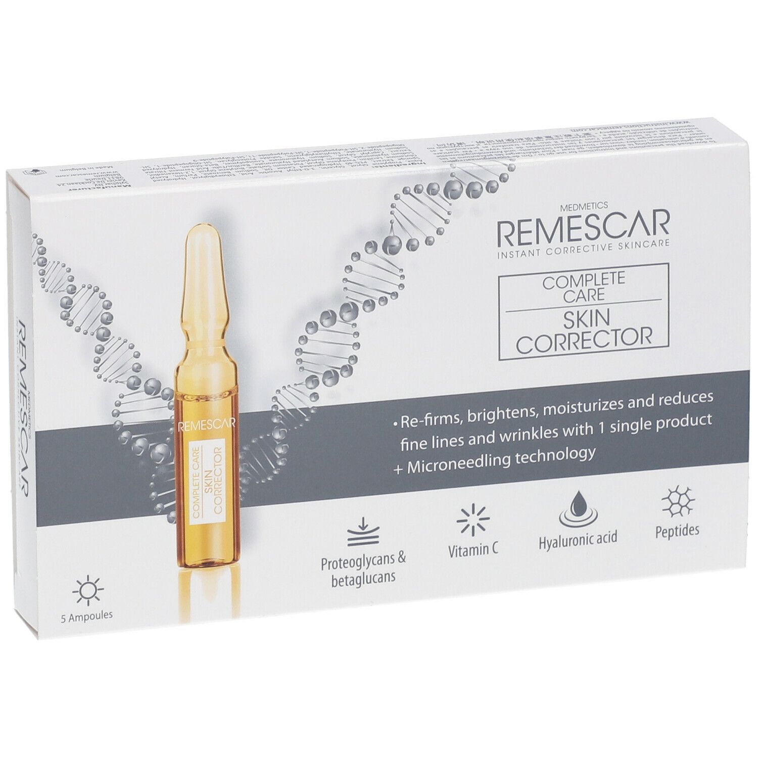 Boîte de Remescar Complete Care Skin Corrector avec ampoule. Contient 5 ampoules.