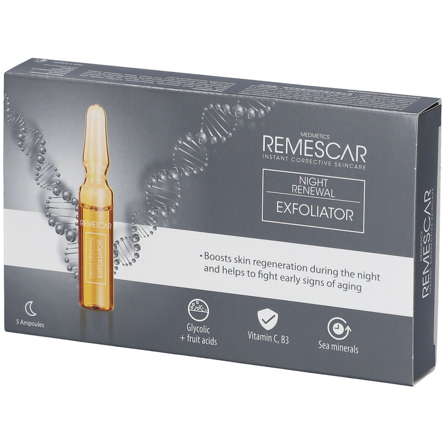 Schachtel mit Ampullen. Aufschrift: REMESCAR Night Renewal Exfoliator. Enthält 5 Ampullen. Mit Glykolsäure, Vitamin C, B3 und Meeresmineralien.