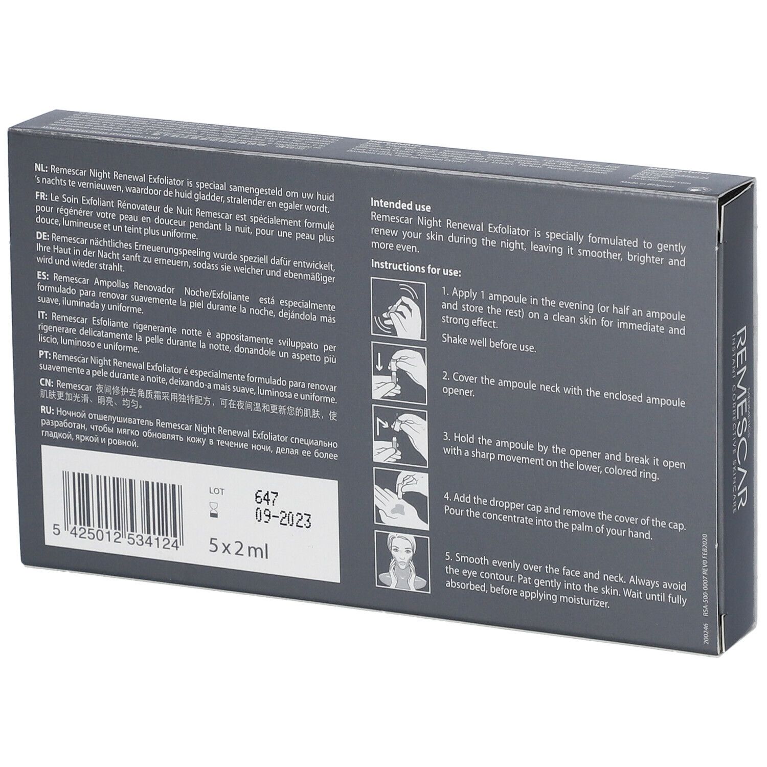 Rückseite der Schachtel REMESCAR Night Renewal Exfoliator. Text in mehreren Sprachen. Anweisungen zur Anwendung. Enthält 5x2ml.