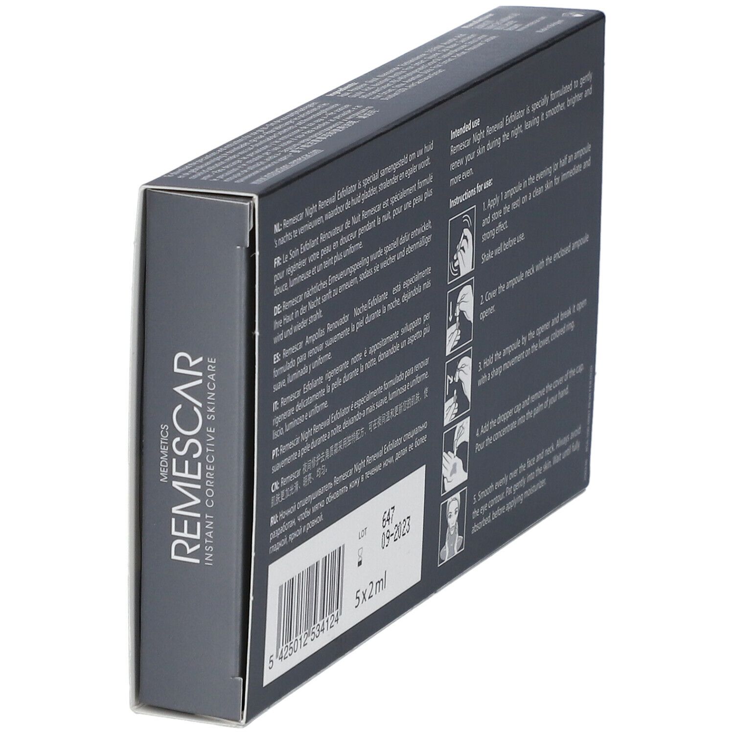 Seite der Schachtel REMESCAR Night Renewal Exfoliator. Aufschrift: REMESCAR. Enthält 5x2ml. Mit Anweisungen zur Anwendung.