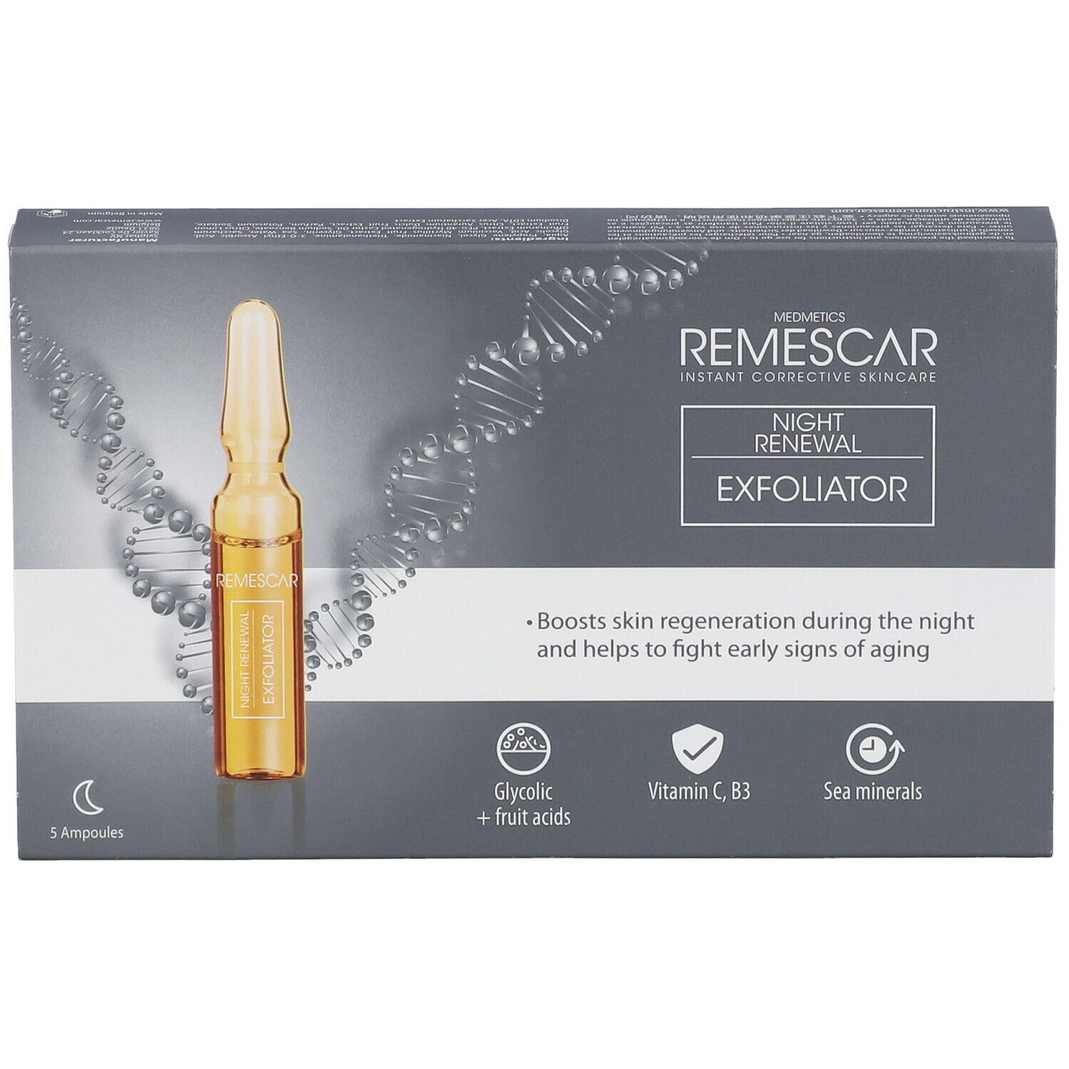 Schachtel mit Ampullen. Aufschrift: REMESCAR Night Renewal Exfoliator. Enthält 5 Ampullen. Mit Glykolsäure, Vitamin C, B3 und Meeresmineralien.