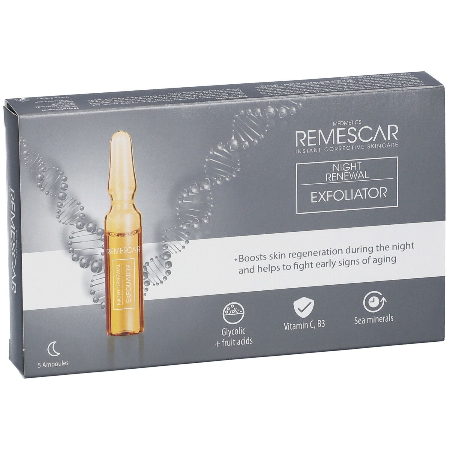 Schachtel mit Ampullen. Aufschrift: REMESCAR Night Renewal Exfoliator. Enthält 5 Ampullen. Mit Glykolsäure, Vitamin C, B3 und Meeresmineralien.