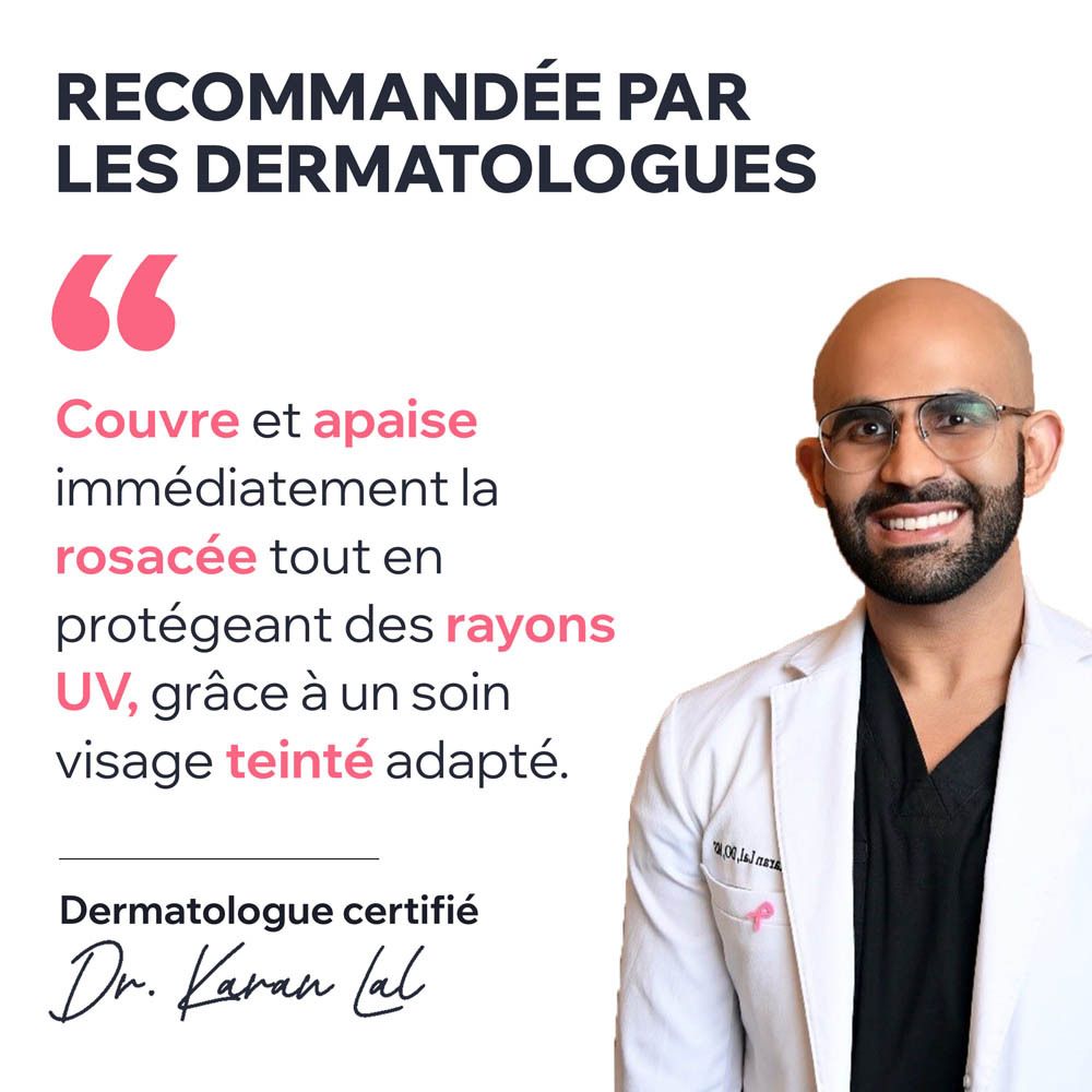 Homme en blouse blanche. Texte : Dermatologue, Dr. Karan Lal. Citation.