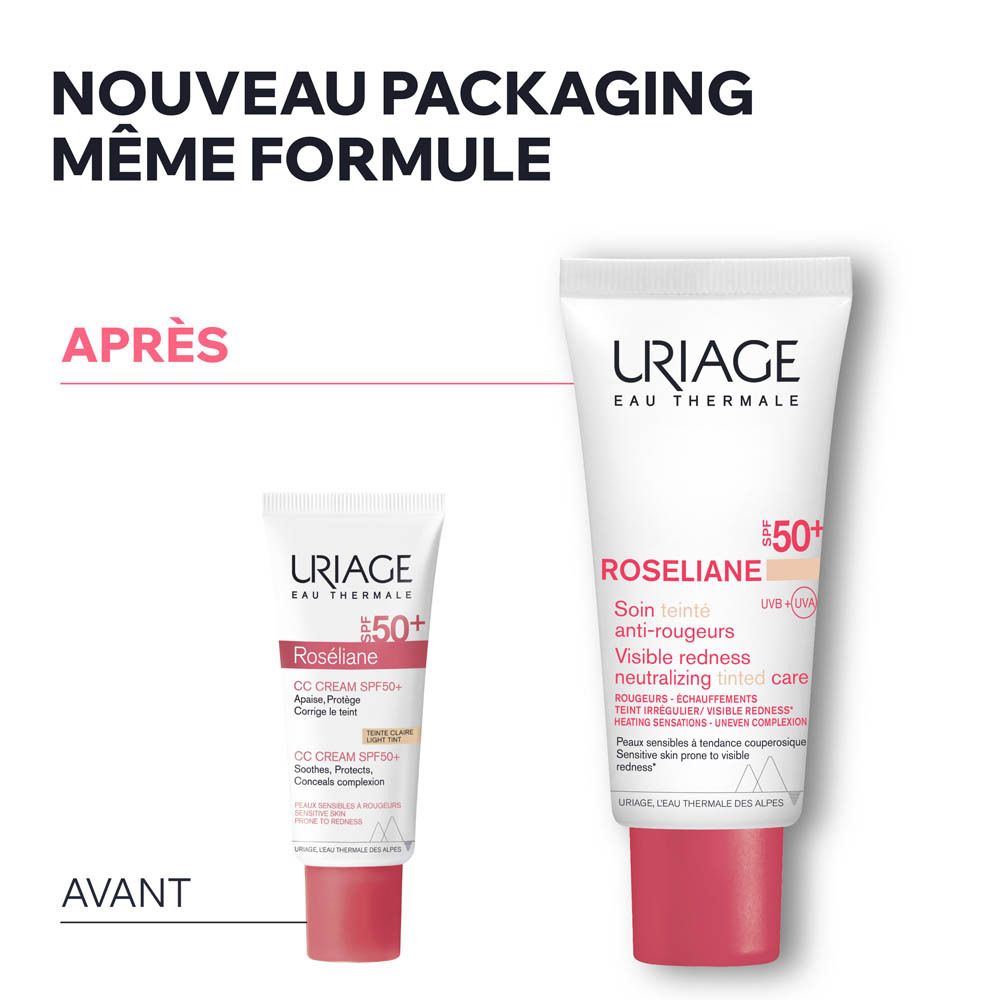 Tube Uriage Roséliane CC Cream SPF50+. Avant/Après. Même formule.