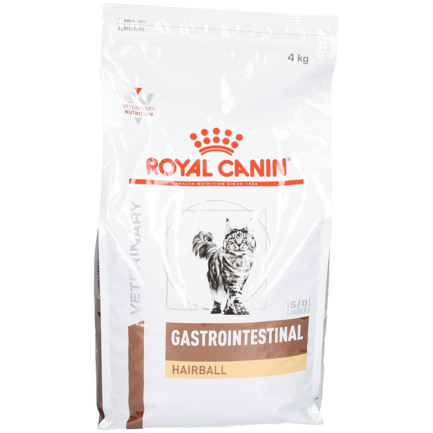 Royal Canin VET-C GI Hairball 4kg Katzennahrung. Weiße Tüte mit Produktabbildung einer Katze und Produktinformationen.