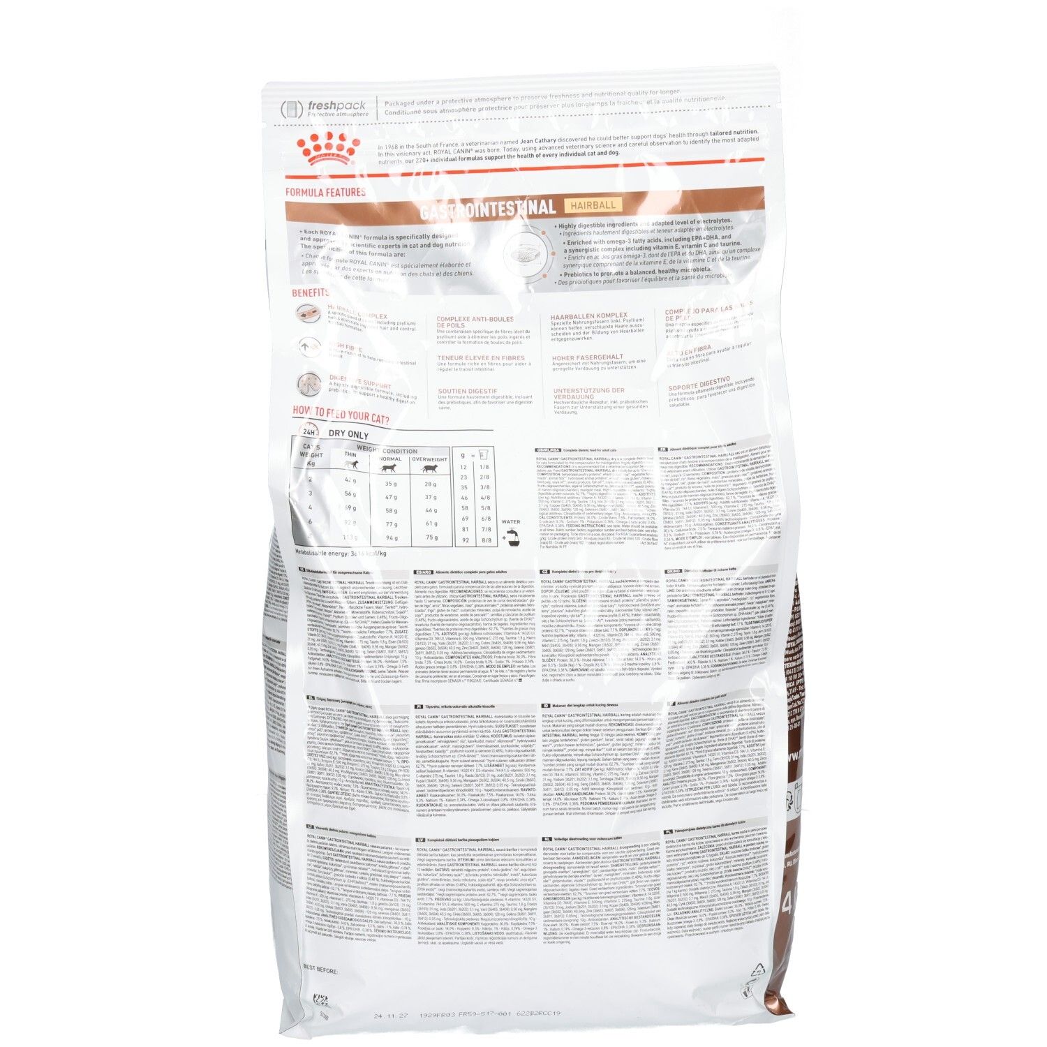 Rückseite der Royal Canin VET-C GI Hairball 4kg Katzennahrungstüte mit detaillierten Produktinformationen und Nährwertangaben.