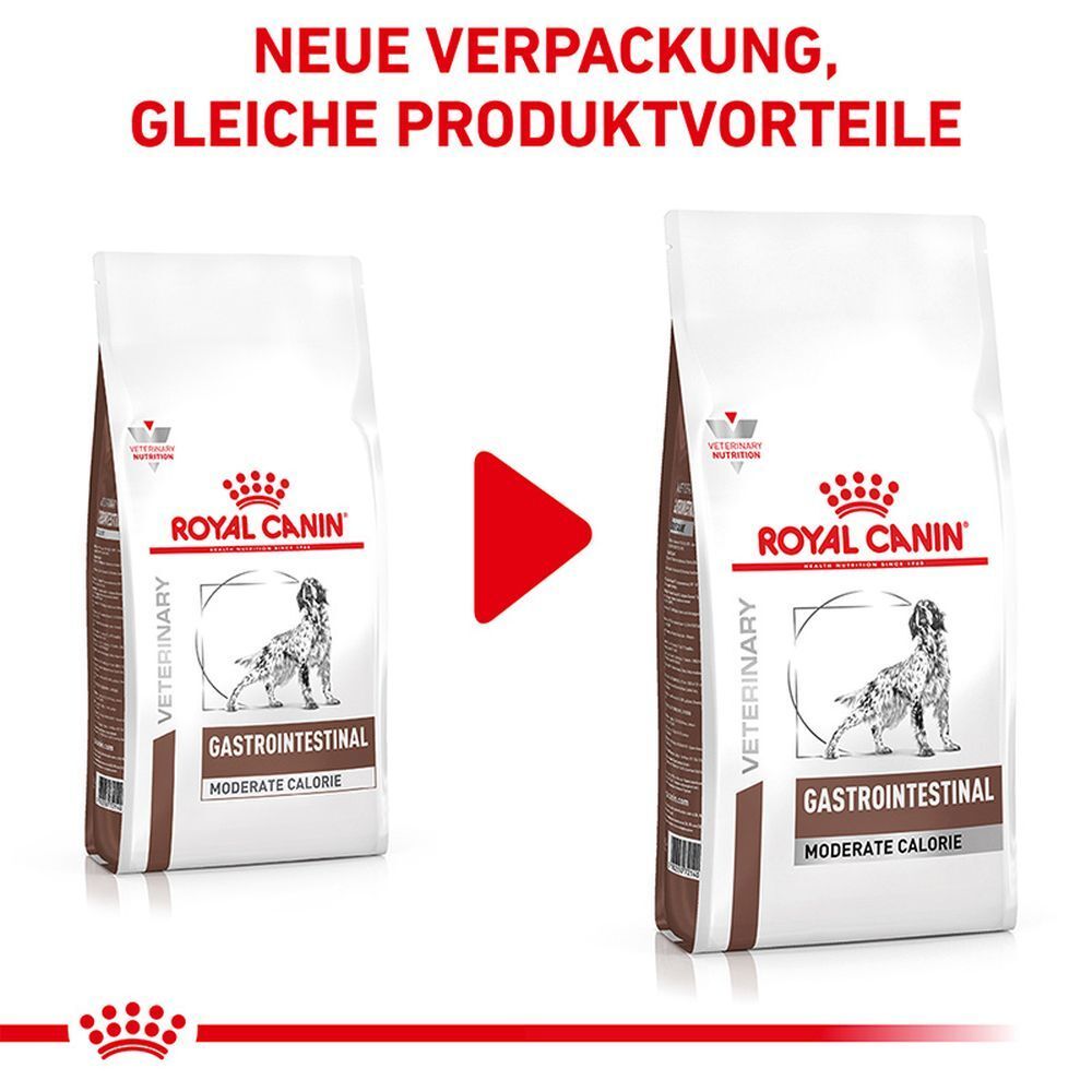 Zwei Säcke Royal Canin Veterinary Diät Gastrointestinal Moderate Calorie Hundefutter.