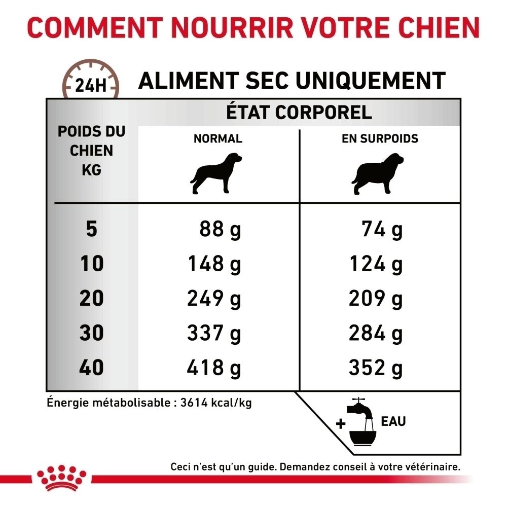 Fütterungstabelle für Trockenfutter: Hundegewicht, normale und übergewichtige Körperzustände, Futtermenge in Gramm.