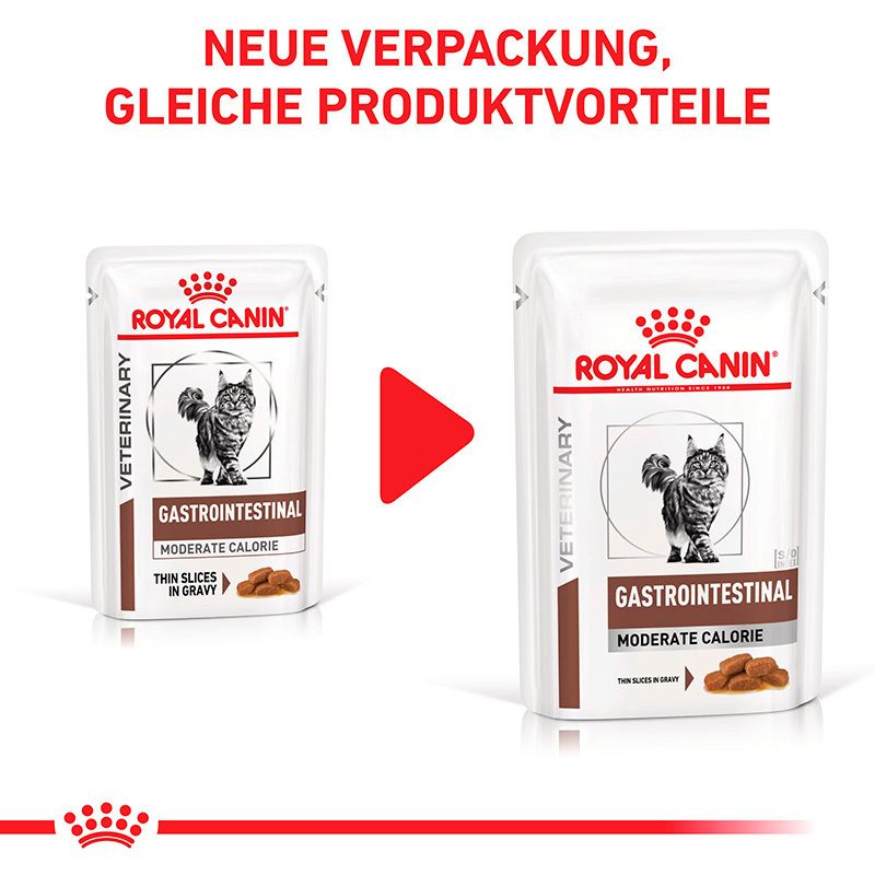 Zwei Royal Canin Beutel für Katzenfutter, eine neue und eine ältere Verpackung.
